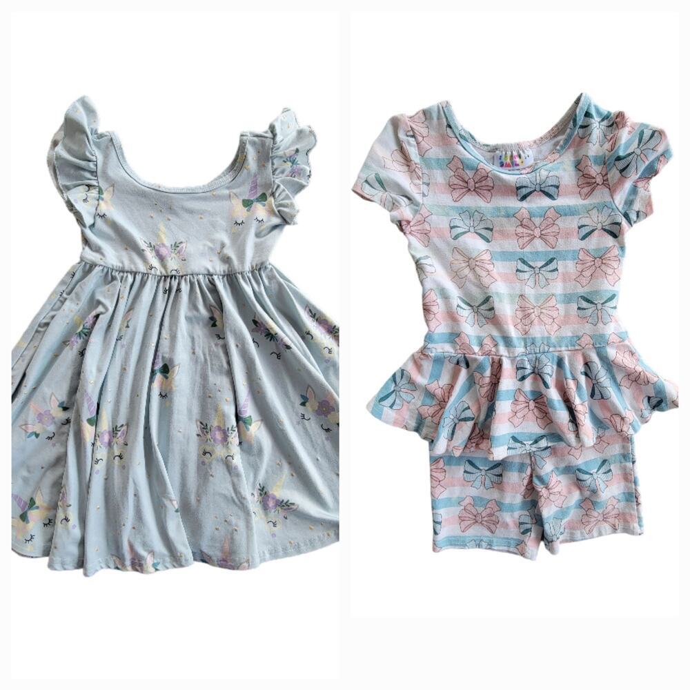 DotDot Smile Unicorn Ruffle Swing Dress Bow Skirted Romper 2PC Bundle‎ Size 3/4